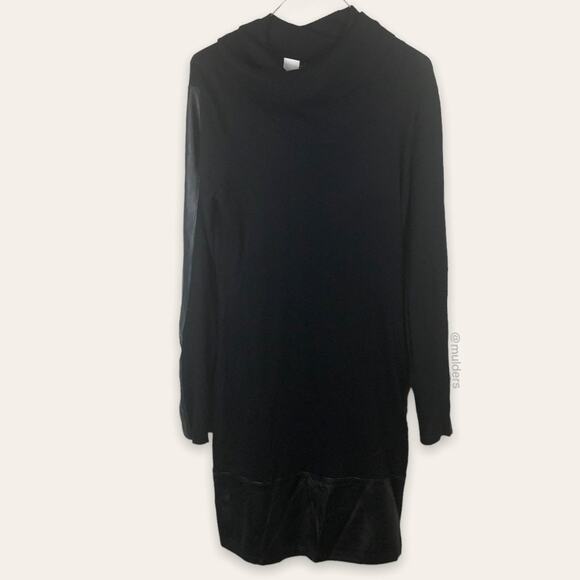VENUS Dresses & Skirts - Venus Black Knit Pleather Accent Roll Mock Neck Long Sleeve Goth Sweater Dress
